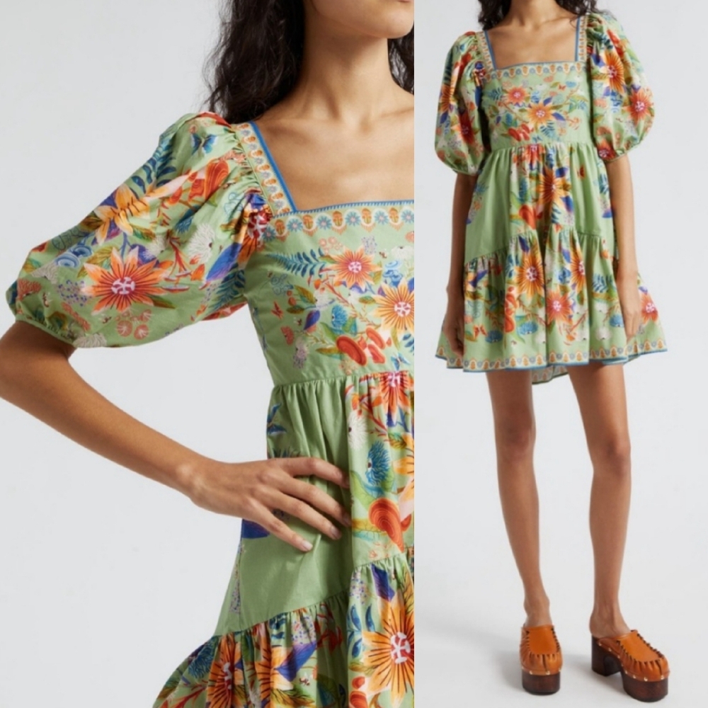 FARM Rio Green Floral Puff-Sleeve Mini Dress - Picture 4 of 16